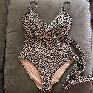 Aerie Leopard Print One-Piece Swimsuit in Tan and Black